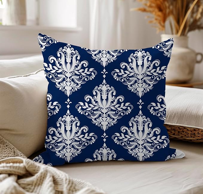 LOVOUS Navy Blue and White Damask Throw Pillow Covers 18x18 Inch Set of 2, Vintage Linen Decorative Pillow Covers for Bed Couch Sofa Bedroom Living Room Home Decor, B37