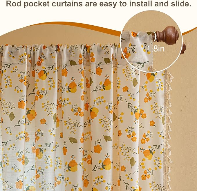 OYX Yellow Boho Pattern Floral Curtains 96 Inch Length 2 Panels for Living Room, Bedroom Light Filtering Drapes, Vintage Country French Tassels Patterned Rod Pocket Aesthetic Decor Window Treatments