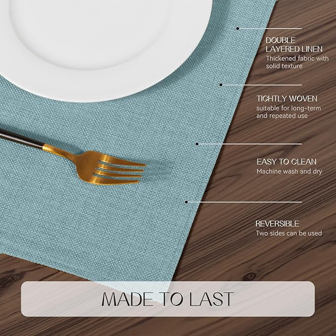 Romanstile Cloth Placemats Set of 4-12 x 18 Inch, Heat Resistant Double Layered Thickened Burlap Place Mats, Washable Linen Farmhouse Table Mats for Kitchen/Dining/Party/Outdoor, Teal