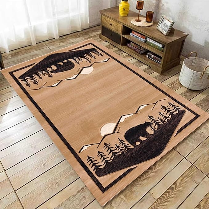 Brown Rustic Cabin Area Rug, 5x8ft, Vintage Simple Wildlife Bear Plant Rugs, Country Style Lodge Large Floor Carpets Doormat Non Slip Washable Indoor Area Rugs for Bedroom Kids Room