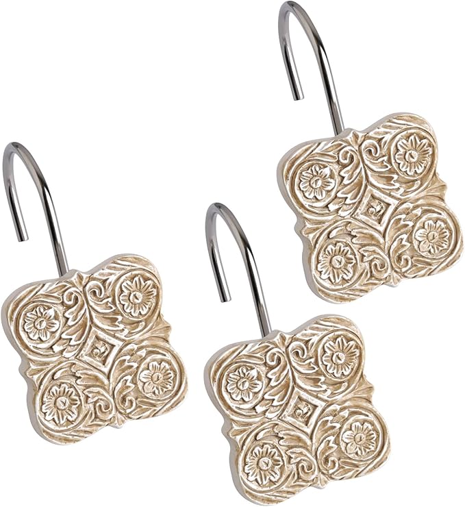 Creative Scents Shower Curtain Hooks Set of 12 Shower Set Rings 100% Rust Free -for Bathroom Shower Curtain Rod Victoria Collection (Beige)