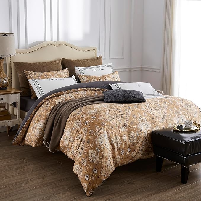 mixinni Long Staple Cotton Percale Golden Paisley Duvet Cover King Size Boho Floral Pattern 3 Pieces Soft Aesthetic Bedding Set for Him and Her, 1 Duvet Cover and 2 Pillowcases for All Seasons