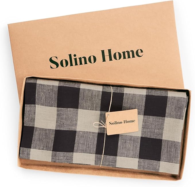 Solino Home Linen Checkered Tablecloth 52 x 52 Inch - 100% Pure Linen Natural and Black Buffalo Plaid Square Tablecloth - Machine Washable Table Throw for Fall, Autumn, Thanksgiving