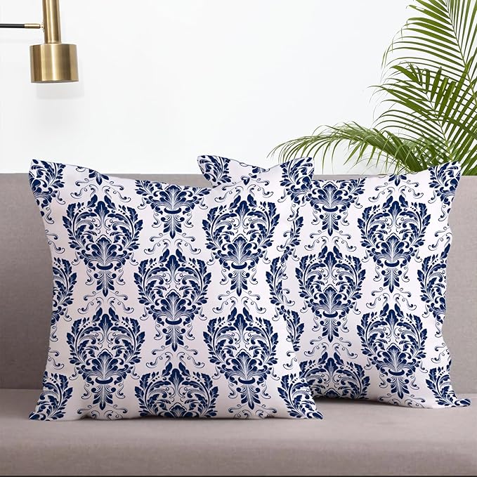 LOVOUS Navy Blue and White Damask Throw Pillow Covers 18x18 Inch Set of 2, Vintage Linen Decorative Pillow Covers for Bed Couch Sofa Bedroom Living Room Home Decor, B16