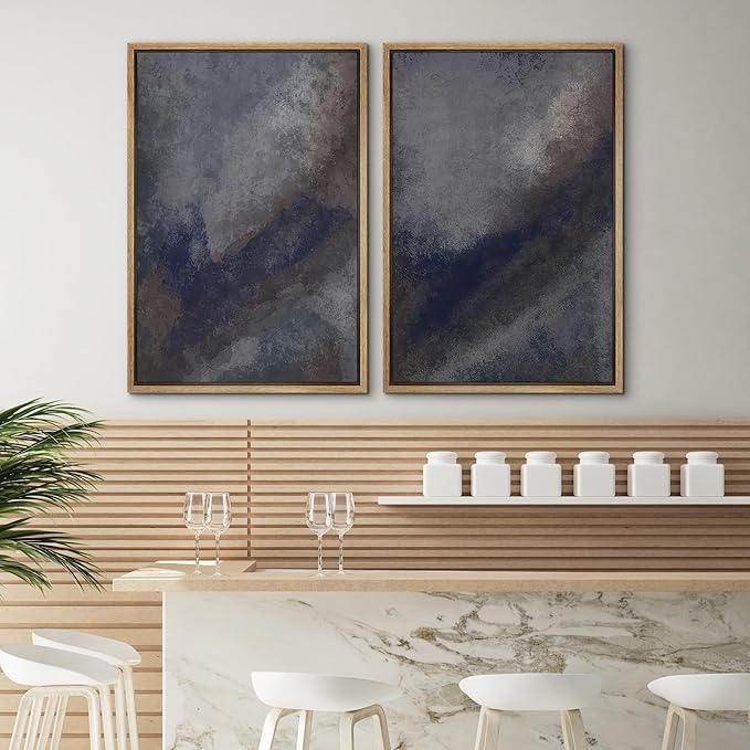 SIGNWIN Framed Canvas Print Wall Art Set Midnight Slate Abstract Blue and Gray Brushstroke Zen Bohemian for Living Room, Bedroom, Office - 24"x36"x2 NATURAL