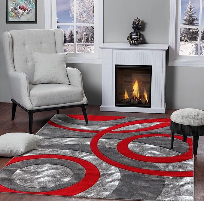 GLORY RUGS Area Rug Modern 5x7 Light red Circles Geometry Soft Hand Carved Contemporary Floor Carpet Fluffy Texture for Indoor Living Dining Room and Bedroom Area