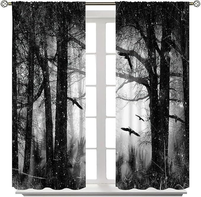 Gothic Forest Blackout Curtains, Foggy Forest Dead Trees Crow Halloween Style Black White Scary Print Window Treatments, for Bedroom Living Room 21(W)*45(L) 2 Panels