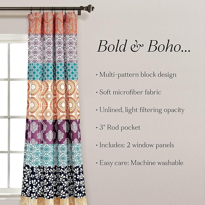 Lush Decor Bohemian Stripe Window Curtain Panels, Pair 52" W x 95" L Fuchsia & Orange - Light Filtering Curtains for Bedroom - Boho Curtains - Maximalist Decor