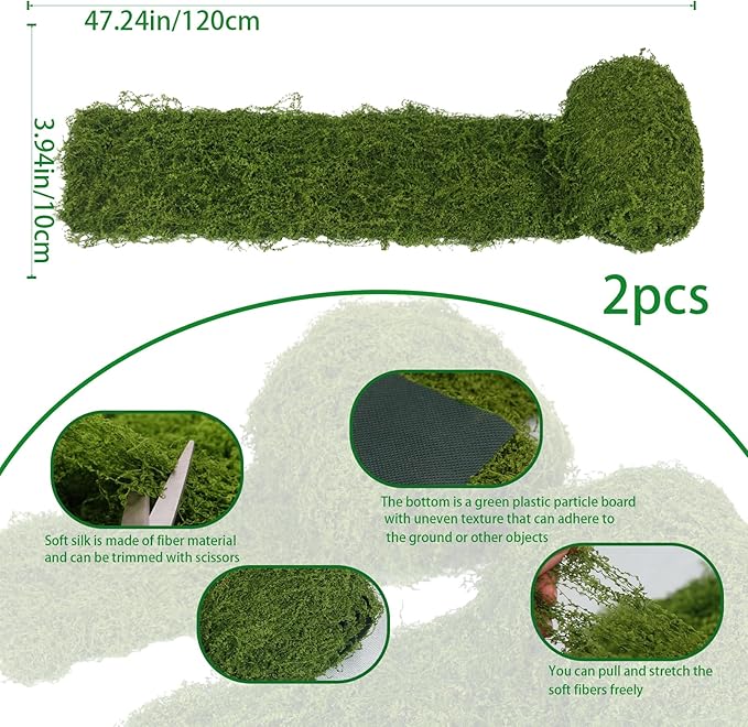 2 Pcs Fake Moss Table Runner Rolls for Decoration 4" x 47" Artificial Moss for Plants Indoor Green Faux Grass for Planters Crafts DIY Table Centerpieces Fairy Garden Floral Wedding 10 x 120cm