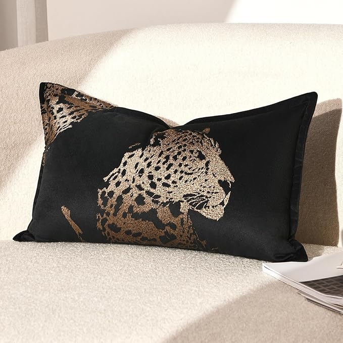 Decorative Lumbar Throw Pillow Cover 12x20'', Velvet Gold Cheetah Embroidered Throw Pillows, Modern Accent Pillow Cover for Bed Couch Sofa Bedroom Living Room