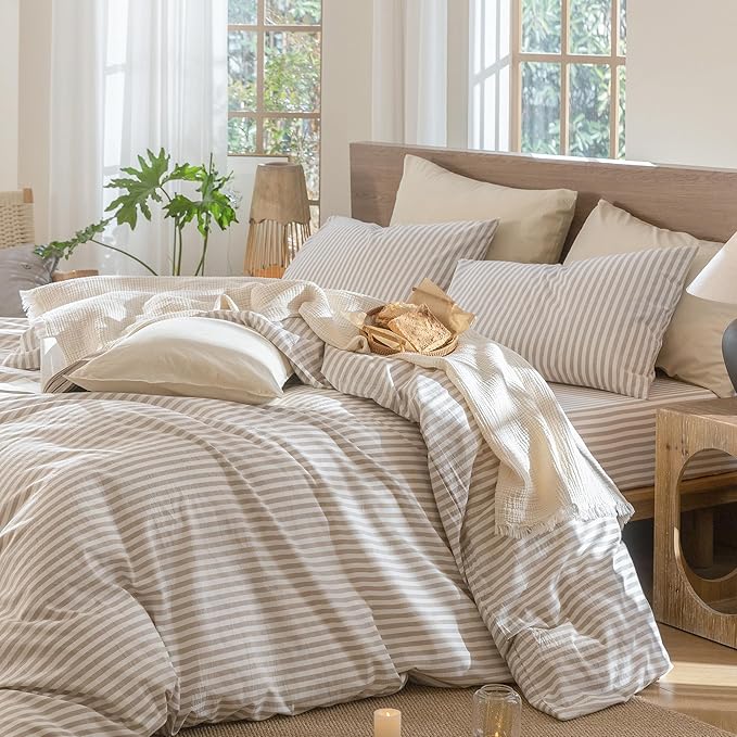 MooMee Striped Duvet Cover Set 100% Washed Cotton Linen Like Textured Breathable Durable Soft Comfy (Tannish Linen Grey White Classic Stripes, Super King Plus 120"x120")