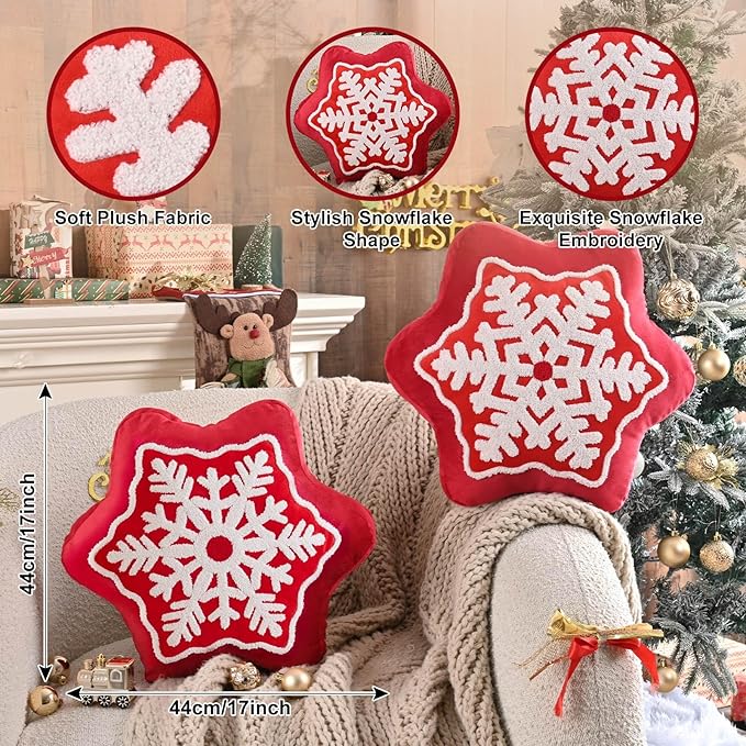 Lanpn Christmas Snowflake Pillows Set of 2, Christmas Decoration Winter Throw Pillows Decorative Throw Cushion for Sofa Living Room Bedroom Xmas Decor (17x17 inch, Red)