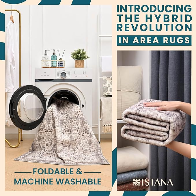 Istana Rugs 2x3 - Beige Grey/Light Cream Area Rug - Foldable 2x3 Washable Rug Non Slip - Anti-Slip Home Area Rugs - Soft Microfiber Non Skid Area Rug