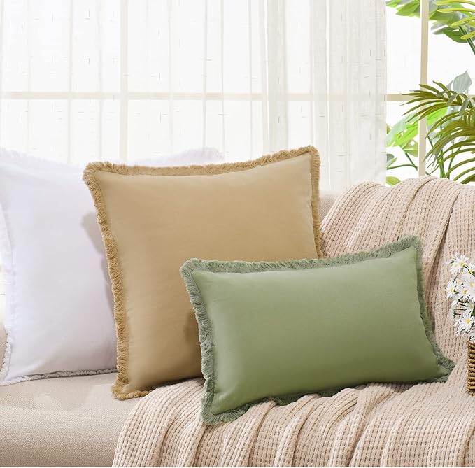 ZWJD Pillow Covers 16x16 Set of 2 Khaki Throw Pillow Covers with Fringe Chic Cotton Decorative Pillows Square Cushion Covers for Sofa Couch Bed Living Room Farmhouse Boho Decor