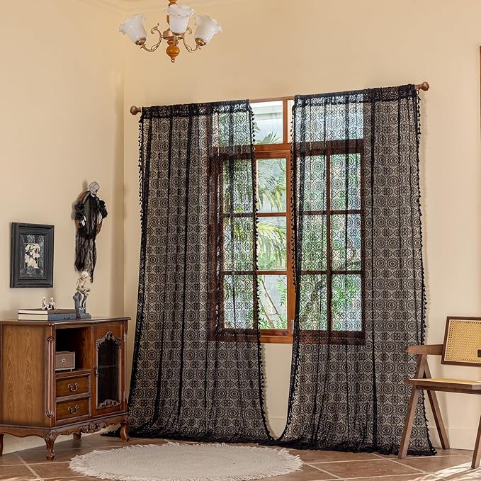 Black Lace Curtains Gothic 84 Inches Long Dark Bohemian Tassel Curtains Vintage Halloween Goth Sheer Curtain for Living Room Bedroom Privacy Witchy Gothic Victorian Décor 2 Panels W59 x L84 Black