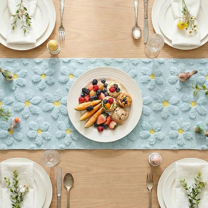 Artoid Mode Blue Soft Plush Faux Fur Jacquard Embroidery Daisy Spring Table Runner, Kitchen Dining Table Decoration for Home Party Decor 13x48 Inch