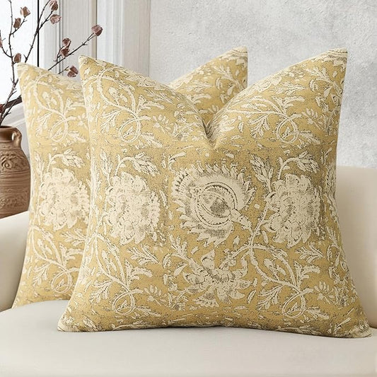 Vintage Floral Print Throw Pillow Covers 18x18 Set of 2 Neutral Modern Farmhouse Pillowcases Accent Decorative Cushion Covers Boho Home Decor for Couch Sofa Chair Bed Living Room, Yellow