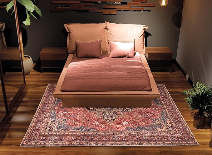Bloom Rugs Washable Non-Slip 6' x 9' Rug - Red/Teal Blue/Yellow Traditional Medallion Area Rug for Living Room, Bedroom, Dining Room, and Kitchen - Exact Size: 6' x 9'
