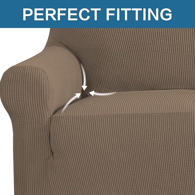 H.VERSAILTEX Stretch Couch Cover Loveseat Covers for 2 Cushion Couch Sofa Slipcover for Love Seat 1 Piece with Elastic Bottom, Checked Jacquard Fabric(Loveseat 58"-70" Wide, Macchiato)