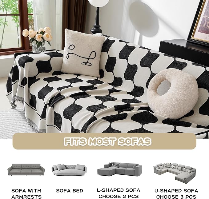 MEETSKY Couch Cover Sofa Covers Washable Simple Modern Black Triangle Plaid Geometric Jacquard Sofa Slipcover for 3 Cushion Couch Covers for Dogs, 91" x 134", Black Checkerboard