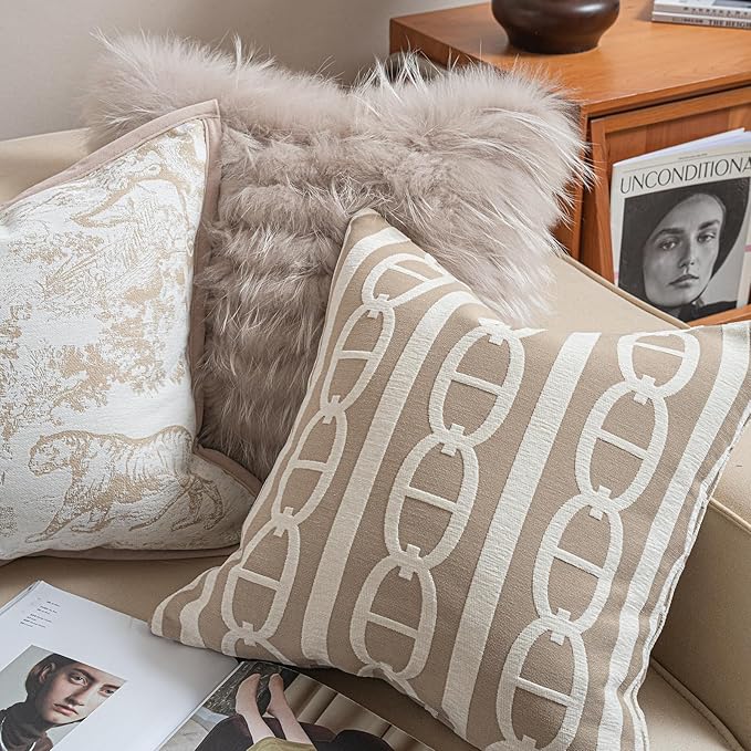 2025 New 20x20'' inches Throw Pillow Cushion Covers - Pignose Horseshoe Beige Color Chenille Jacquard Embroidery Luxury Modern Style Couch Sofa Bed Pillow Cover for Living Room Bedroom