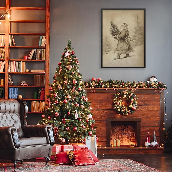 Santa Claus Sketch Poster Vintage Christmas Tree Wall Art 24x36 inch Black Framed Antique Winter Landscape Canvas Pictures Cozy Holiday Wall Decor