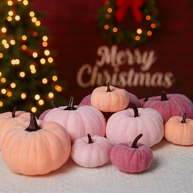 12 Faux Flocked Pumpkins, Perfect for Fall Harvest, Halloween, or Thanksgiving Table Centerpieces(12, Rose red, Purple, and Pink)