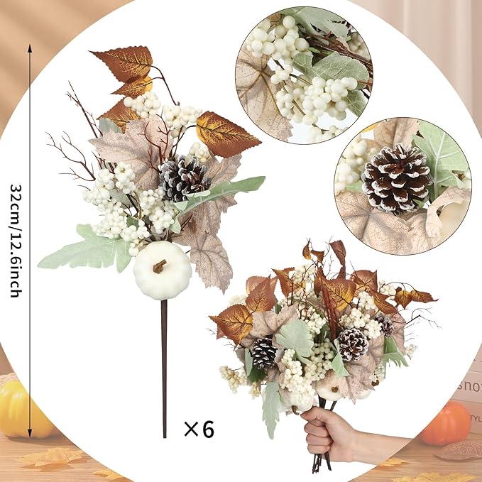 6 Pcs Thanksgiving Centerpiece for Table Thanksgiving Picks and Sprays Artificial Neutral Maple Leaves Branches 14 Inches Fall Fake Pumpkin for Harvest Decoration