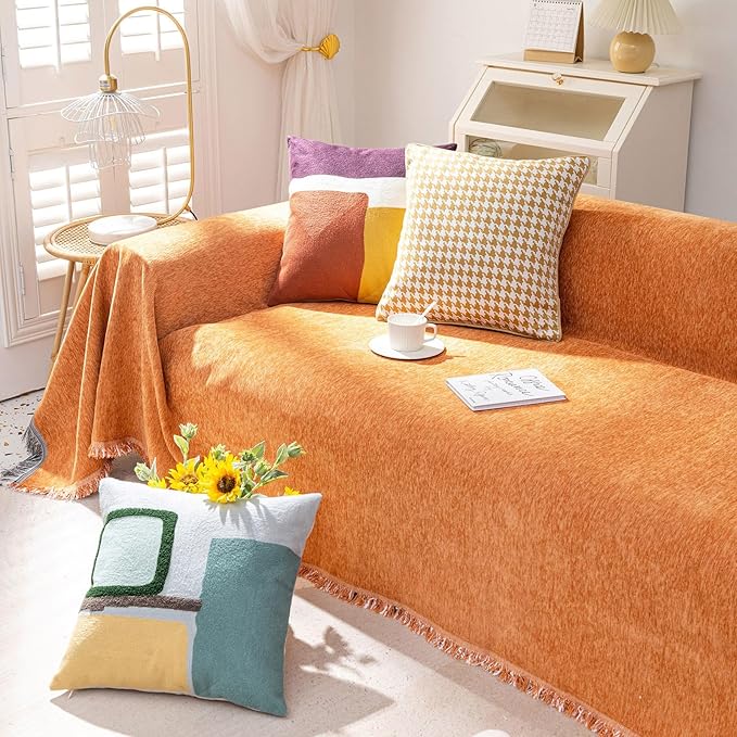 VClife Modern Orange Couch Cover, Large Chenille Sofa Cover for L Shape Couch, Breathable Washable Couch Cover for 2 Cushion Couch Sofa, Living Room Furniture Protector for Kids 71"x 118"