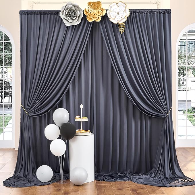 30ft x 10ft Wrinkle Free Charcoal Backdrop Curtains for Parties, 6 Panels Silky Polyester Photo Backdrop Drapes for Wedding Birthday Party Photography Background Backdrop Stand