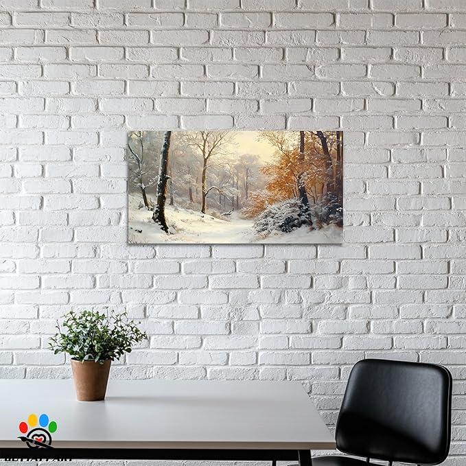 GUTTATY Christmas Winter Scene Canvas Wall Art, Snowy Forest Wall Painting, Warm Light Tree Poster, Winter Canvas Prints for Living Room, Holiday Wall Decor, Hanging Pictures for Bedroom, 24x12 Inch