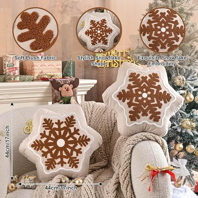 Lanpn Christmas Snowflake Pillows Set of 2, Christmas Decoration Winter Throw Pillows Decorative Throw Cushion for Sofa Living Room Bedroom Xmas Decor (17x17 inch, Beige)