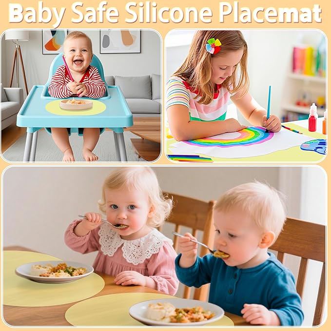 Oval Silicone Placemat Set of 4,Heat Resistant Placemats, Silicone Table Mats,Non-Slip Dining Mat for Home,Waterproof Easy Clean Kids Placemats,17"x12" LSR Translucent (4Pcs, Yellow)