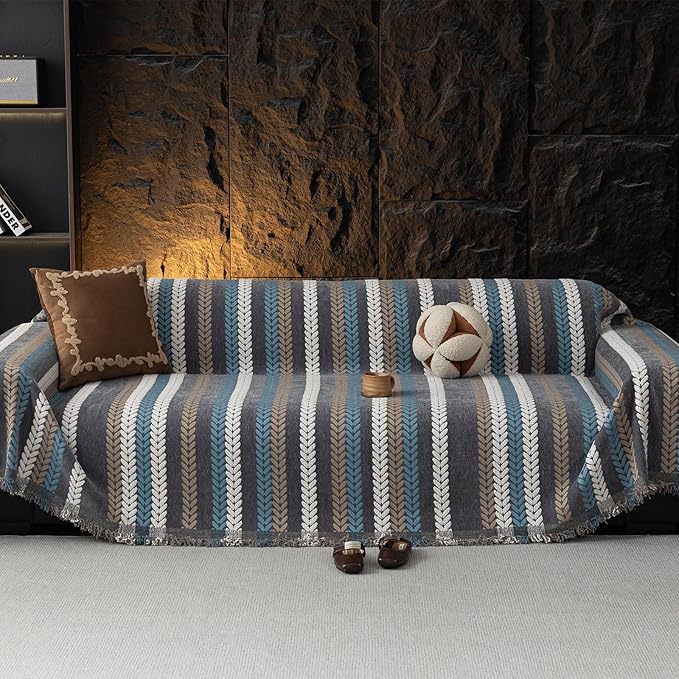 VClife Blue Stripe Sofa Cover for Dog Chenille Couch Cover for 2 Seater Sofa, Non Slip Stripe Jacquard Sofa Couch Cover Throw Pet-Friendly Soft Couch Slipcover with Tassel, Blue, 71''x118''