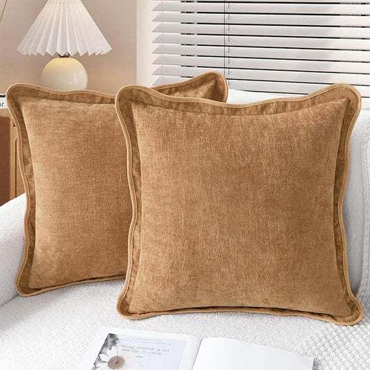 CaliTime Throw Pillow Covers Decorative 18 X 18 Inches Pack of 2 Cozy Chenille Scalloped Wavy Edge Cushion Cases for Couch Sofa Bed Living Room Farmhouse Apricot Brown