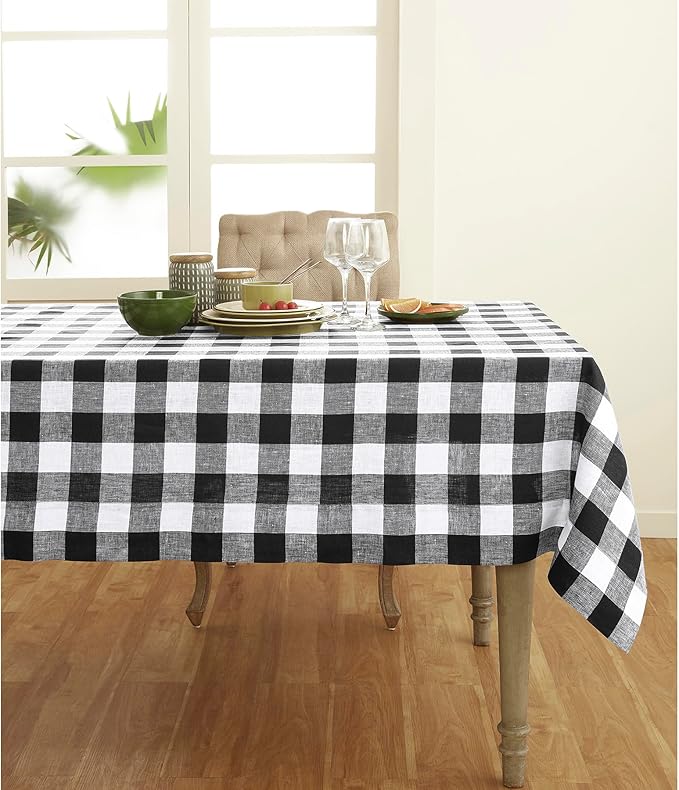 Solino Home Linen Checkered Tablecloth 60 x 144 Inch - 100% Pure Linen Black and White Buffalo Plaid Table Cloth for Rectangle Tables - Machine Washable Tablecloth for Fall, Winter, Thanksgiving