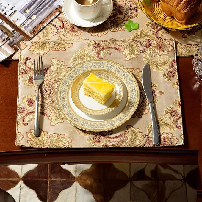 Extra Luxury Velvet Blue Table Runner 120 Inches Long with Vintage Damask Jacquard Design for Dining Room,Living Room,Home Decor,Elegant Beaded Tapestry (Dark Gold, 4 Piece 13×18 Placemats)