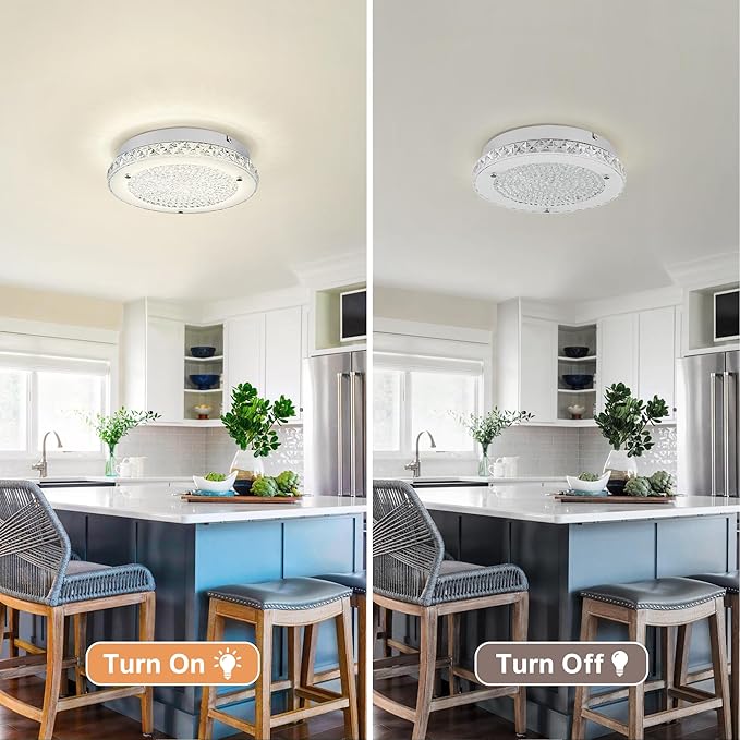 Crystal Ceiling Light Fixture 3000/4000/5000K Crystal Chandeliers Dimmble LED Kitchen Lighting Fixtures Ceiling for Dinning Room Bathroom Bedroom Hallway Entrance 14''