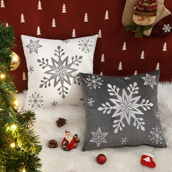 Lewondr Christmas Throw Pillow Covers, 16x16 Inch Snowflake Embroidery Pillow Cases Home Xmas Decorative Holiday Decor Cushion Covers Soft Velvet Pillow Cover for Sofa Bed Chair Set of 2, Gray