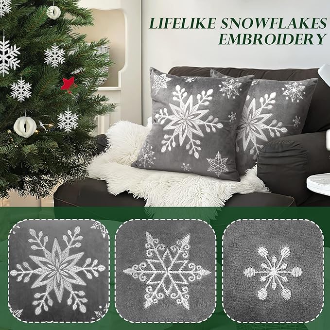 Lewondr Christmas Throw Pillow Covers, 20x20 Inch Snowflake Embroidery Pillow Cases Home Xmas Decorative Holiday Decor Cushion Covers Soft Velvet Pillow Cover for Sofa Bed Chair Set of 2, Gray