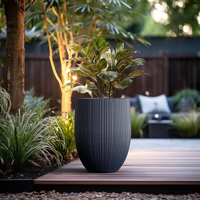 Kante Round Fluted Concrete Planter, 16.9-Inch Dia Barrel-Style Pot with Drainage Hole, Charcoal Finish with Warm Brown Interior, 13.7" Opening, for Indoor and Outdoor Use