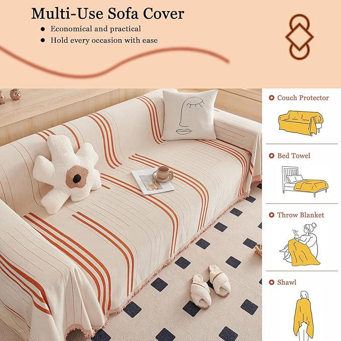 DREAMINGO Couch Cover Reversible Chenille Furniture Protector Sofa Covers for Dogs Pets Beige Orange Couch Cover for 3 Cushion Couch Sofa Vertical Stripe Jacquard Sofa Slipcover Sectional, 71"x150"