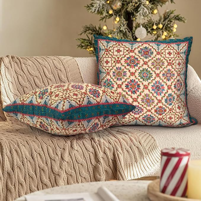 Boho Throw Pillow Covers 16x16 inch Set of 2,Boho Vintage Carpet Pattern Antique Ethnic Decor Double Sided Pattern Cushion Cover Soft Pillow Case Living Sofa Room Bed Square Pillow Cover