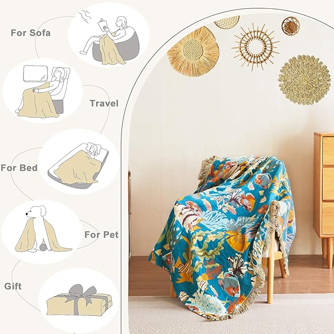 Throw Blanket for Couch Sofa 100% Cotton Blankets for Bedroom Living Room Soft All Season Reversible Underwater Ocean Life Embroidery Throws Coastal Home Decor 50"x60"