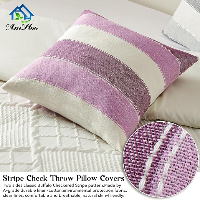 AmHoo Pack of 2 Farmhouse Stripe Check Throw Pillow Covers Set Case Cotton Linen Decorative Pillowcases Cushion Cover for Couch Bench Sofa 22x22 Inch Purple