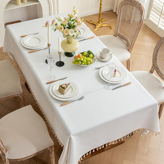 Heavy Duty Cotton Tablecloth Soft Wrinkle Resistant Fabric with Decorative Tassles Fringe for Kitchen Dining Table, Natural White, 55x55 Inch,1 Pack