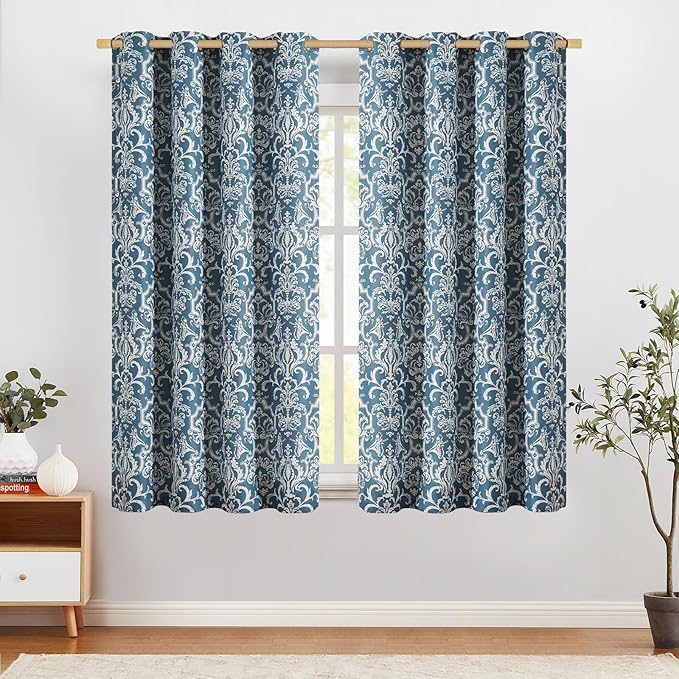 jinchan Room Darkening Curtains for Bedroom Blue Damask Patterned Curtains 63 Inch Length for Living Room Linen Textured Vintage Drapes Medallion Window Treatments Grommet Top 2 Panels Set