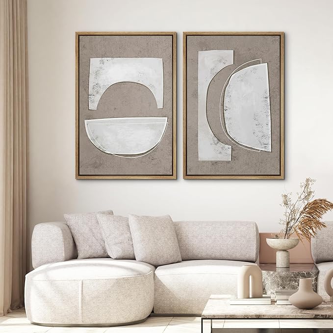 SIGNWIN Framed Canvas Print Wall Art Set Art Deco Grunge White Polygons Abstract Shapes Cozy Neutral Minimal Decorative Nordic Zen Bohemian for Living Room, Bedroom, Office - 24"x36"x2 Natural