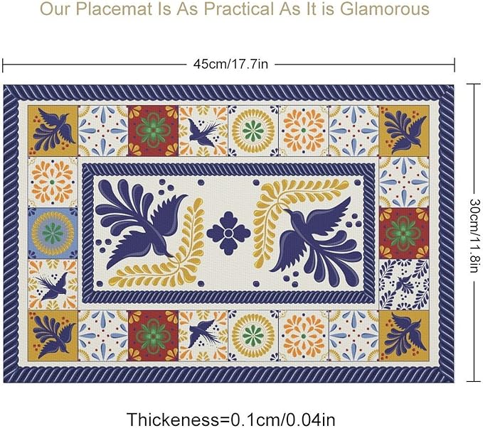 Mexican Placemat Set of 4, 12x18 Inch Rustic Mexico Tiles Floral Birds Colorful Talavera Ceramic Dia De Los Muertos Coffee Vintage Table Mats for Outdoor Kitchen Dining Table Decoration