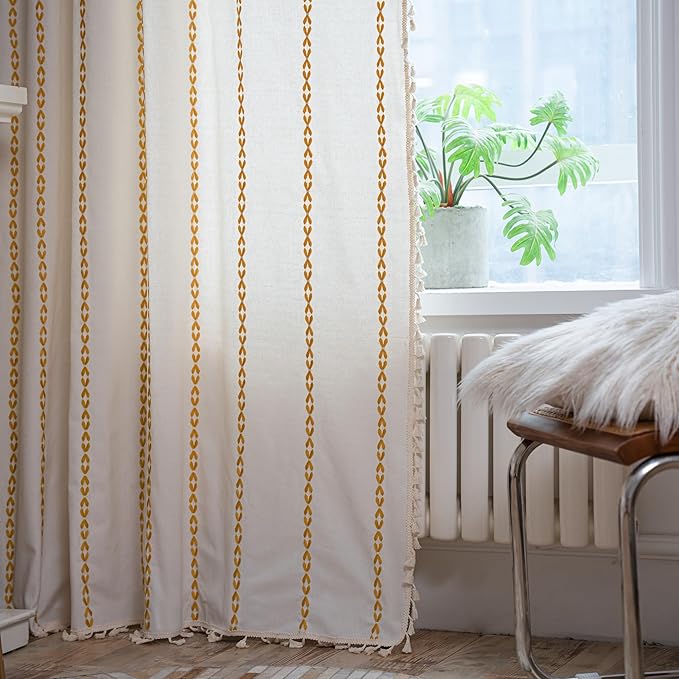 Sutuo Home Boho Curtains 72 inches for Bedroom Living Room, Semi Blackout Farmhouse Tassels Window Treatment Bohemian Embroidery Drape, Rod Pocket 1 Panel 52" W x 72" L, White and Gold